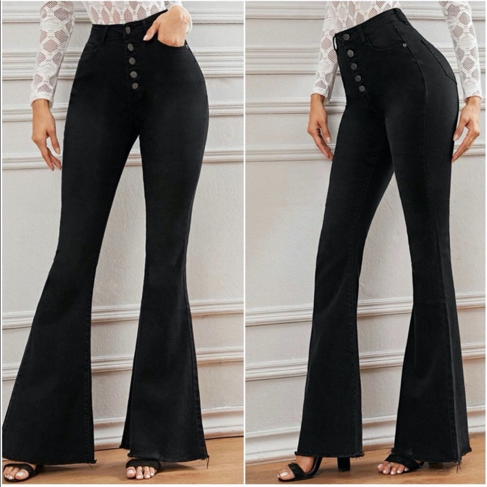High Waisted Button Fitted Bell Bottom Jeans